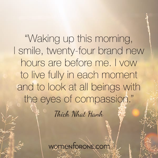 Waking up this morning, I smile, twenty-four brand new hours are before me. I vow to live fully in each moment and to look at all beings with the eyes of compassion. - Thich Nhat Hanh