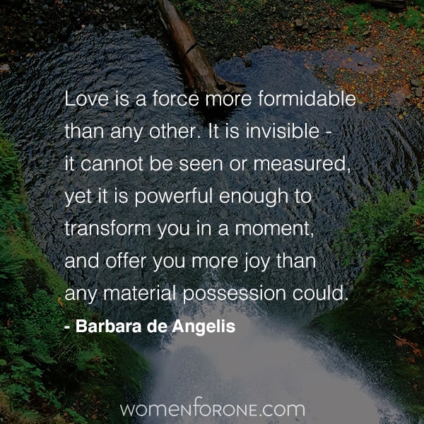 Love is a force more formidable than any other. It is invisible - it cannot be seen or measured, yet is powerful enough to transform you in a moment, and offer you more joy than any material possession could. Barbara de Angelis